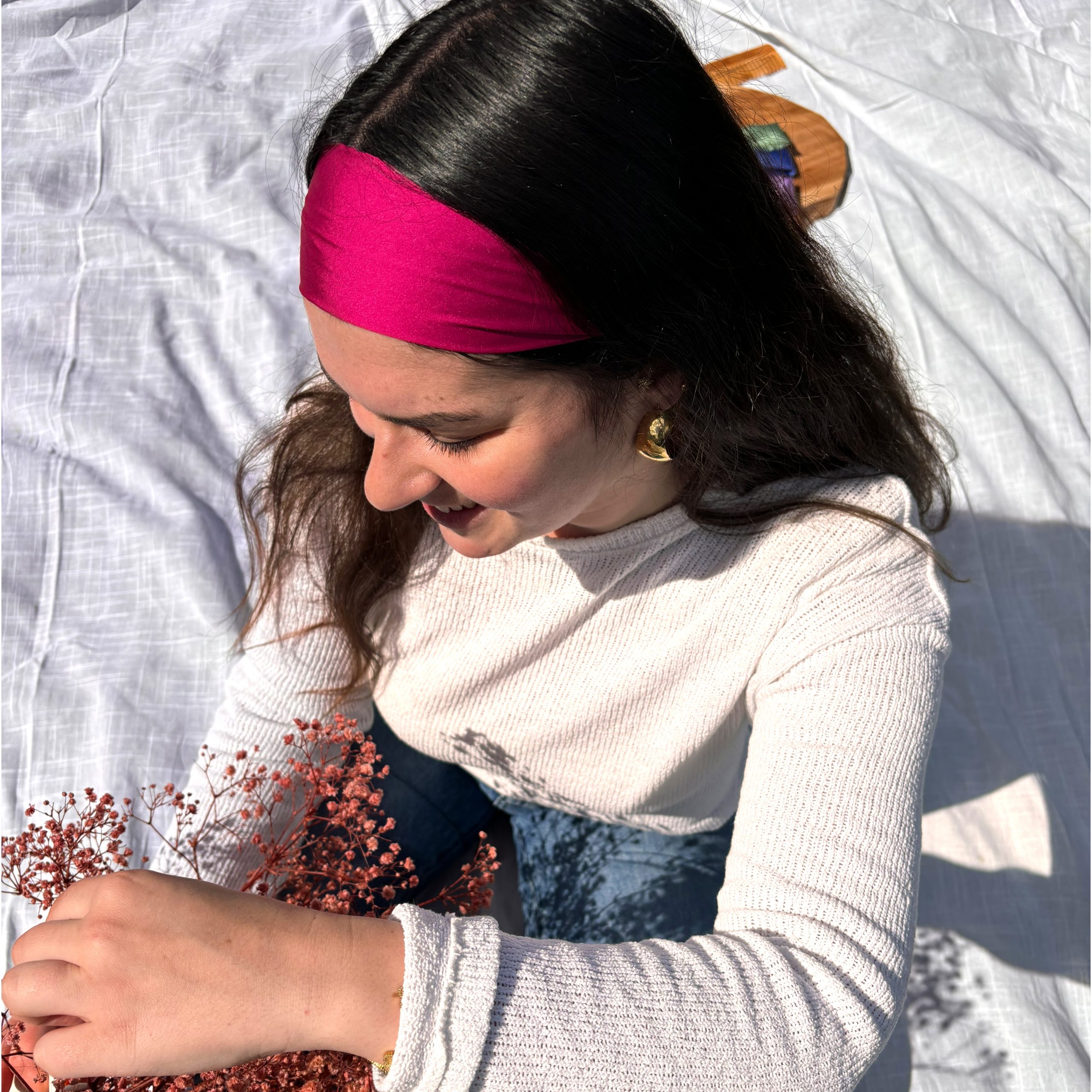 photo du bandeau cheveux satin de soie couleur rose vif